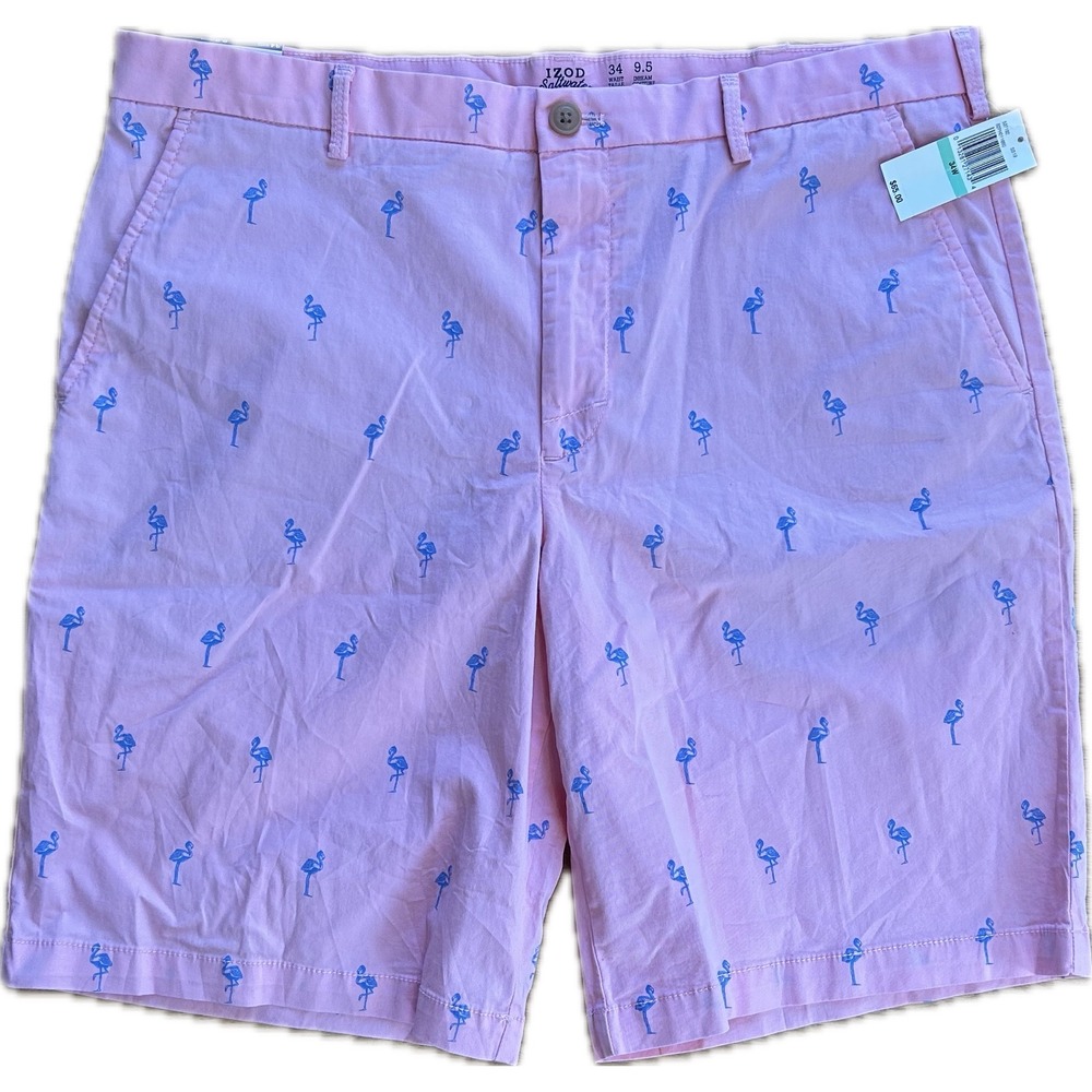 IZOD Saltwater Mens Pink Flamingo Print Stretch Shorts 34W 9.5 Inseam NWT